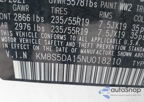 2022 Hyundai Santa Fe Hybrid Limited z USA, uszkodzony, nr VIN KM8S5DA15NU018210